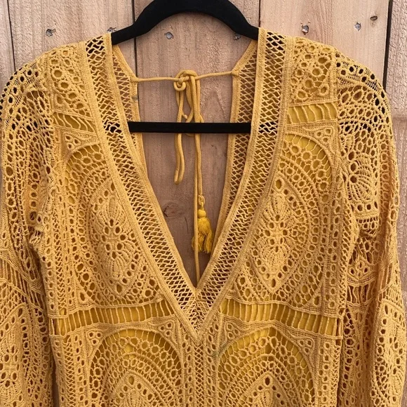 Jen's Pirate Booty Jasmine Crochet Mini Dress Small Yellow Orange Bell Sleeve - Picture 6 of 13